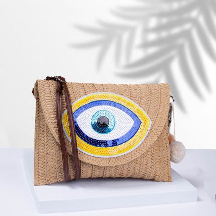 Γυναικεία χειροποίητη τσάντα eyes μπεζ άμμου ψάθινη